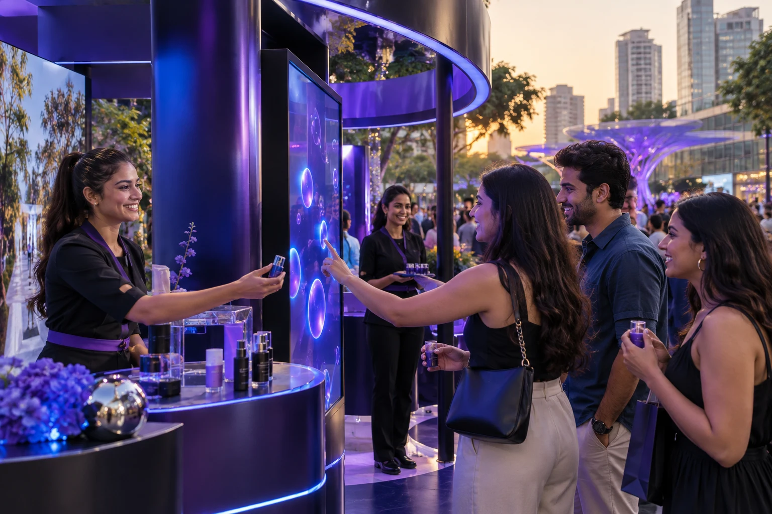 Concept visual of people engaging with a sampling kiosk and digital screen