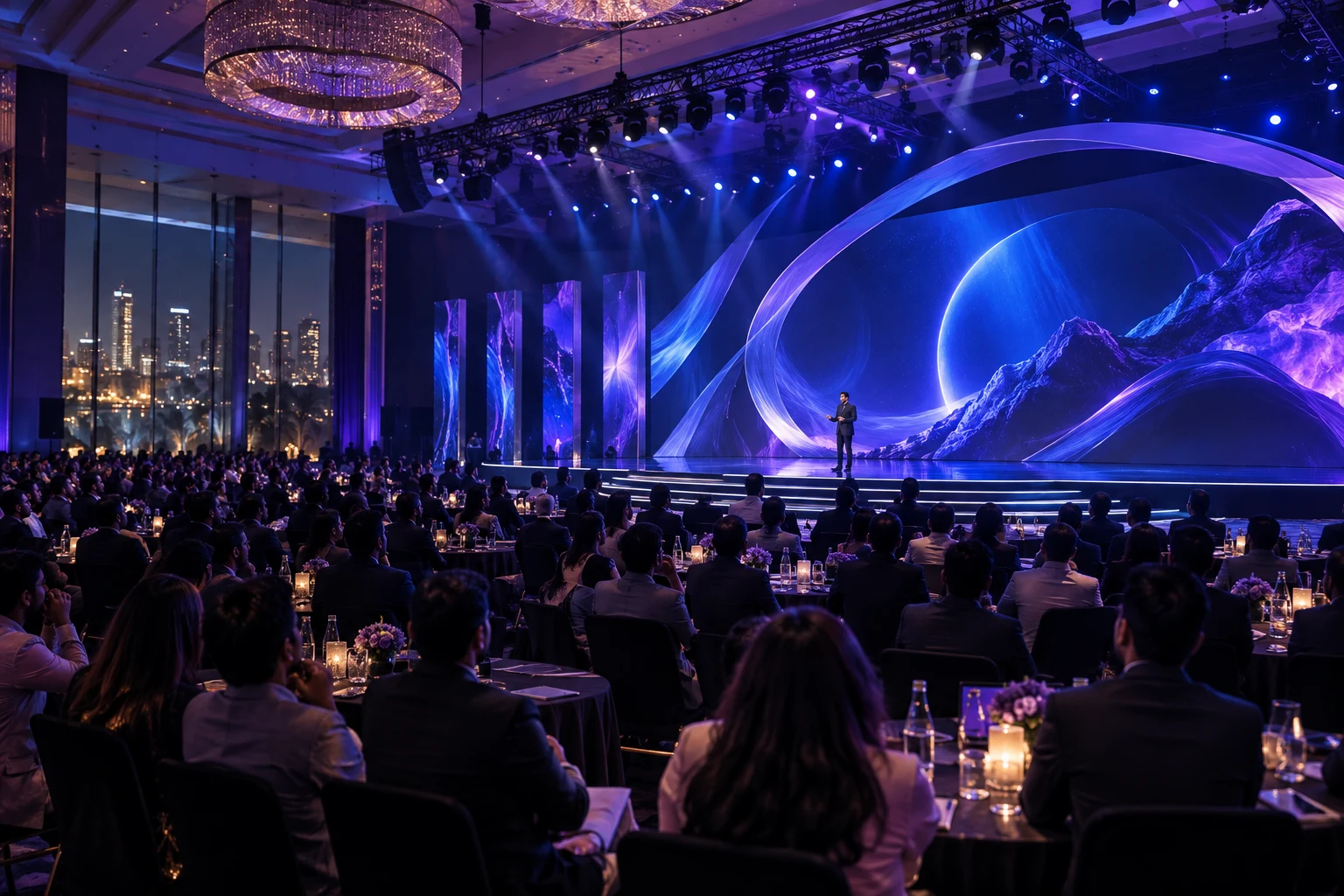 Concept visual of a premium live event with violet LED stage and seated audience