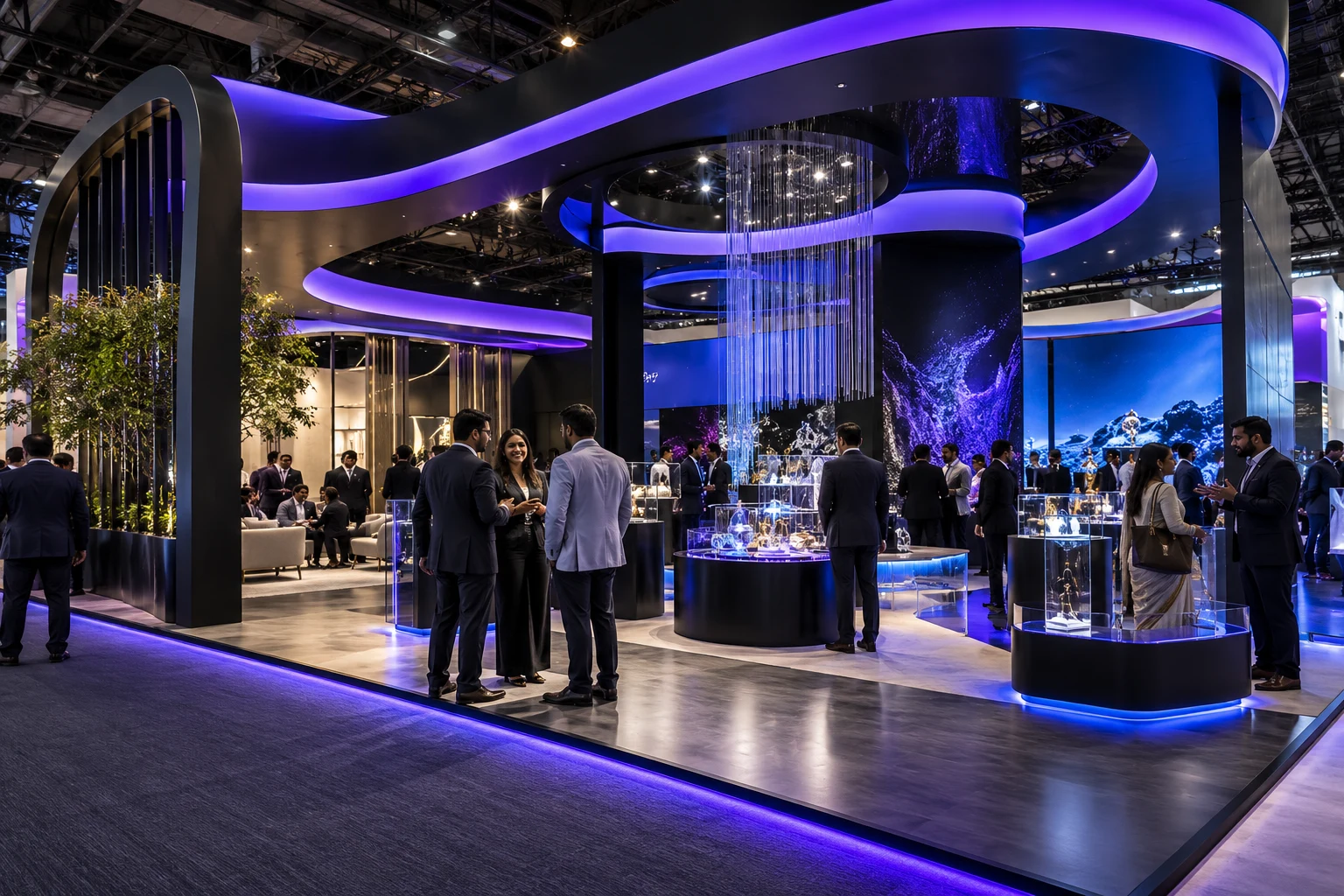 Concept visual of an immersive exhibition pavilion with illuminated product displays